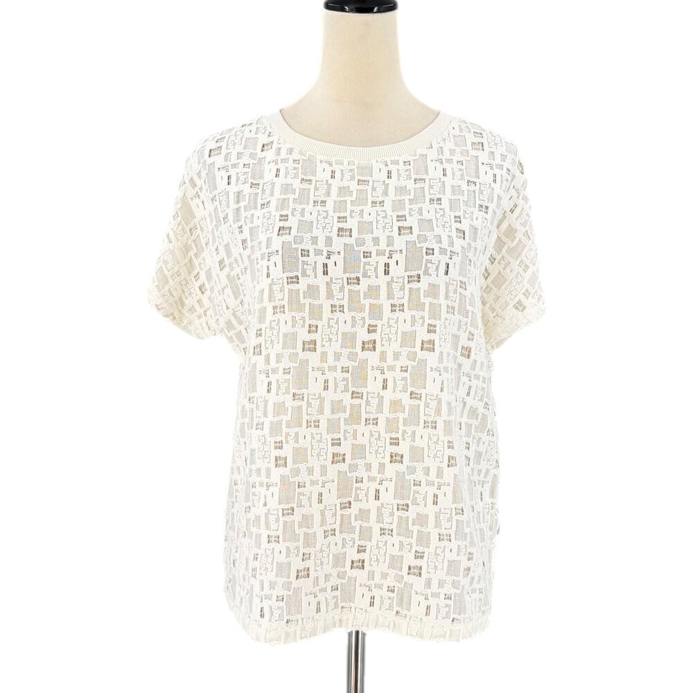 Vince White Windowpane Lace Geometric Casual Minimalist Coastal Chic Blouse Top